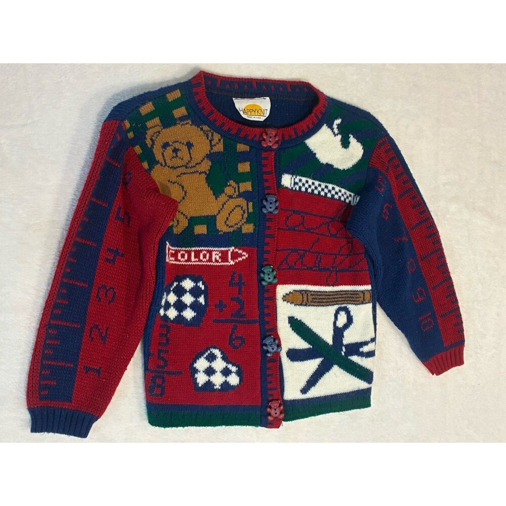 Happy Knit Cardigan Kid M(5) Vintage School 90s Acrylic Color Number Letter Bear